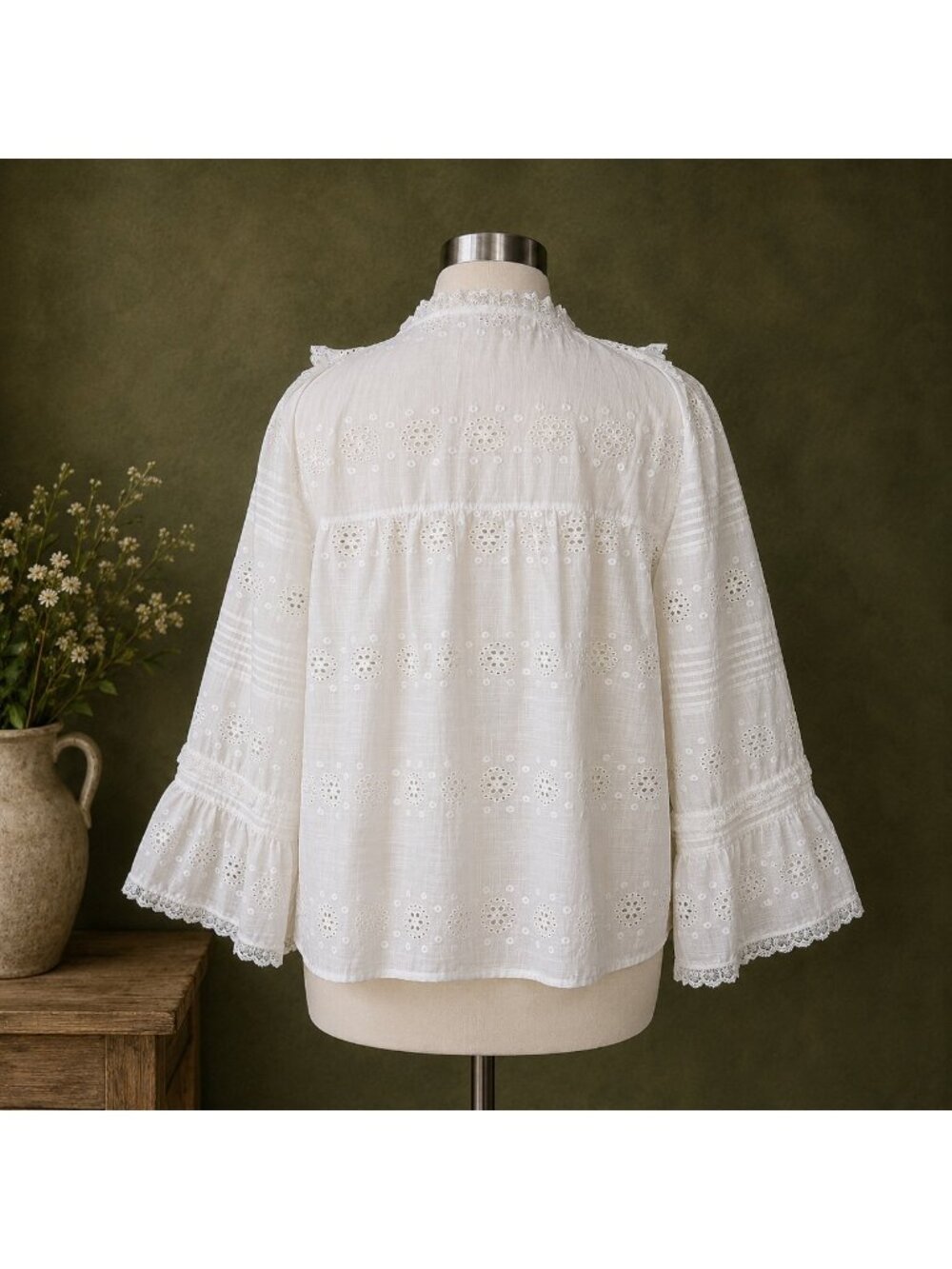 Sézane Nele Eyelet Embroidered Organic Cotton Blouse FR 46 NWOT Boho - Picture 5 of 15